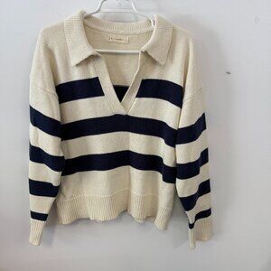 By Together Cream & Navy Blue Striped Collared Knit Long Sleeve V-Neck Sweater